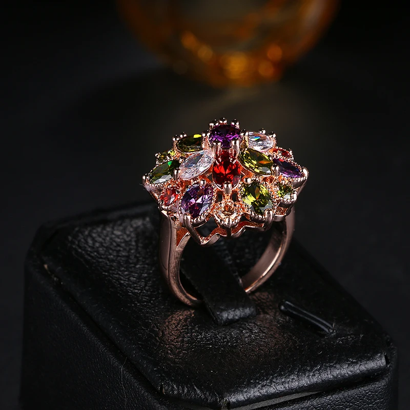 GMGYQ Hot Rose Goud Kleur Mona Lisa Ring voor Vrouwelijke Bruiloft met Kleurrijke Cubic Zirkoon Bijouterie Graduation Gift