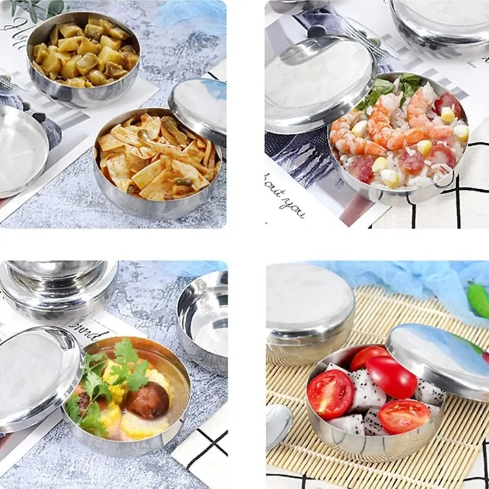 Single Layer Korean Stainless Steel Bowl Tableware With Lid Round Rice Bowl Silver Anti Drop Children Bowl Kimchee