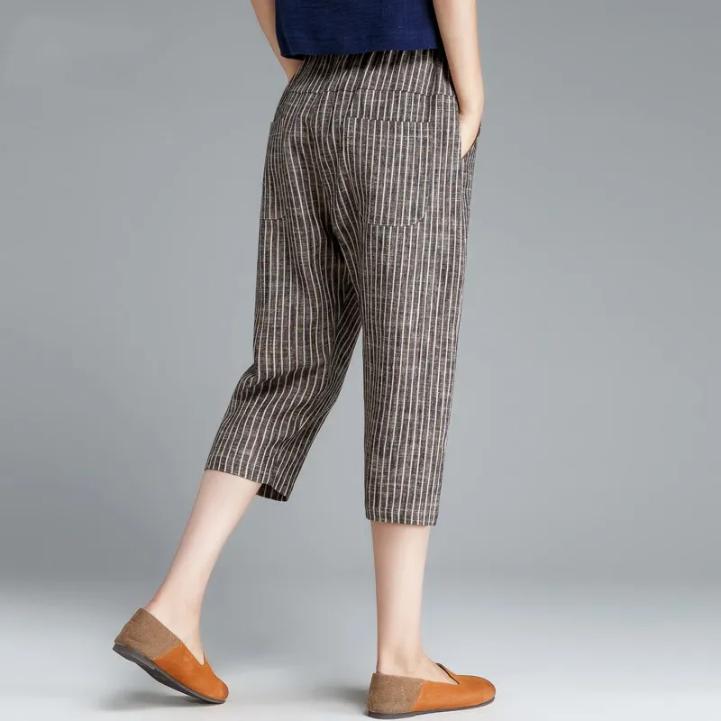 Summer Comfortable Straight Cotton Linen Casual Trousers For Women Fashion Simple Striped Elastic High Waist Loose Female Pants