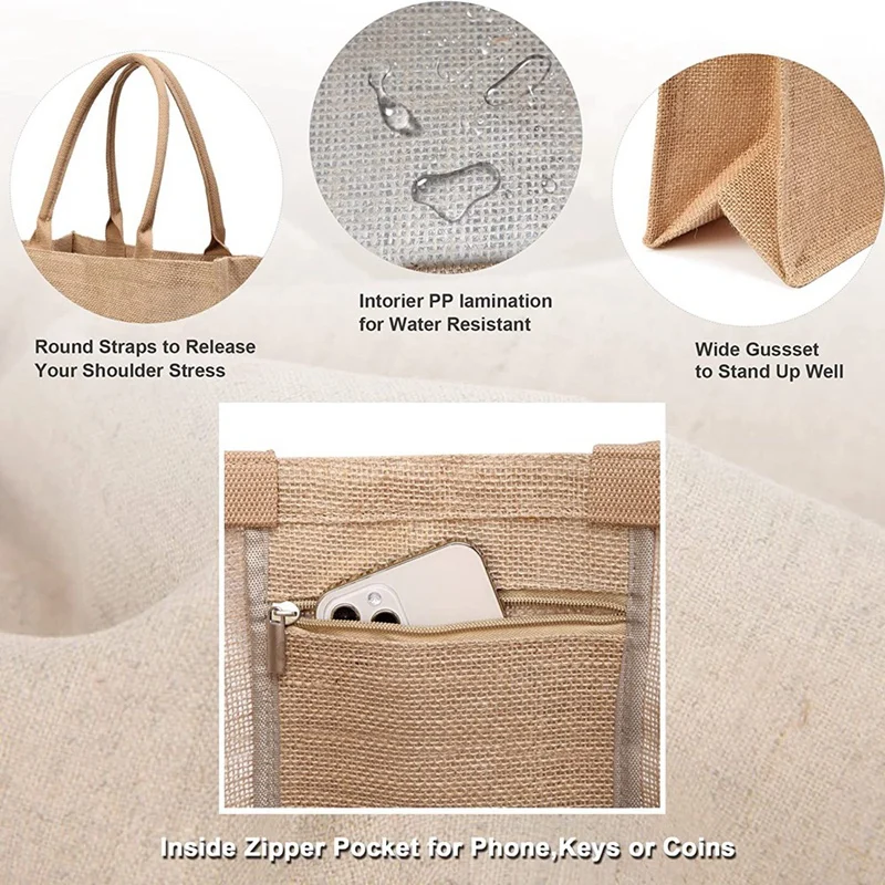 Burlap Jute Tote Bags Reusable Cotton Shopping Grocery Bag Bridesmaid Tote Bags Laminated Interior With Handles