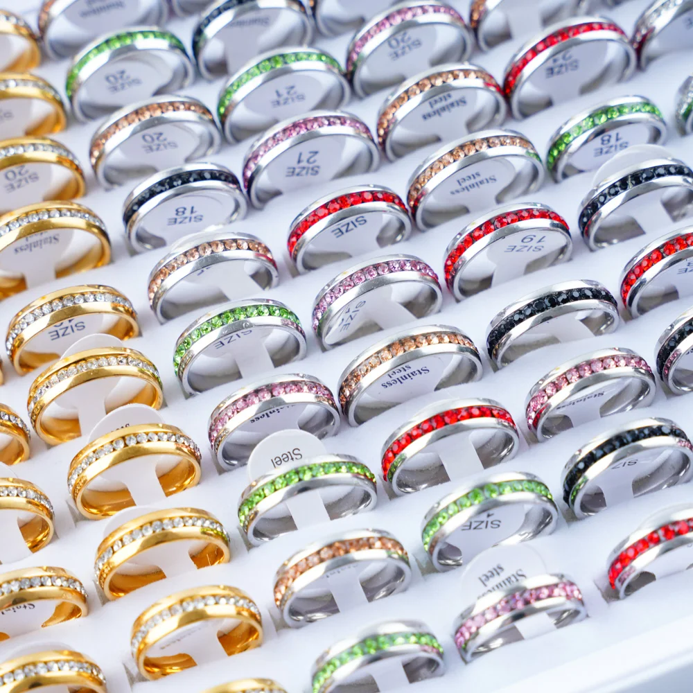 36pcs/Lot Multicolor Rhinestone Stainless Steel Silver Gold Color Rings For Women Men Mix Style Fashion Wedding Jewelry Party