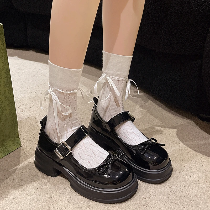 

Autumn New Versatile Thick-soled Bow Black Thick Heel Shoes New Leather Crawler Shoes Butterfly Summer Mary Jane Woman Shoes