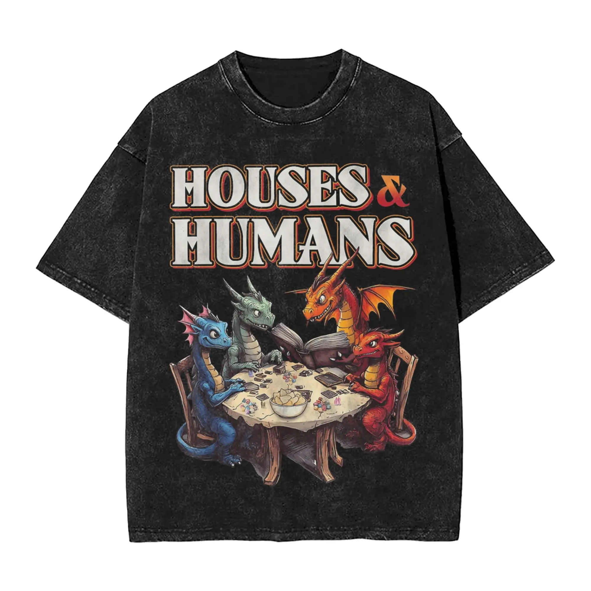 Dragons Playing Roleplaying Game Houses Washed T Shirt Streetwear Hip Hop Vintage T-Shirt  Tees Men Women High Street Summer