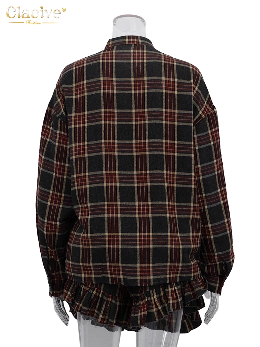Clacive Fashion Loose Plaid 2 Piece Sets Women Outfit 2025 Elegant Long Sleeve Blouse With High Waist Pleated Mini Skirt Set