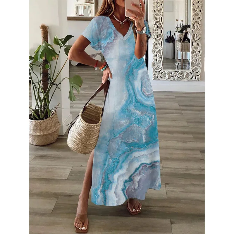 

V Neck Women's Dresses 2023 Summer Boho Beachwear Short Sleeve Split Casual Loose Long Dress Women Clothing