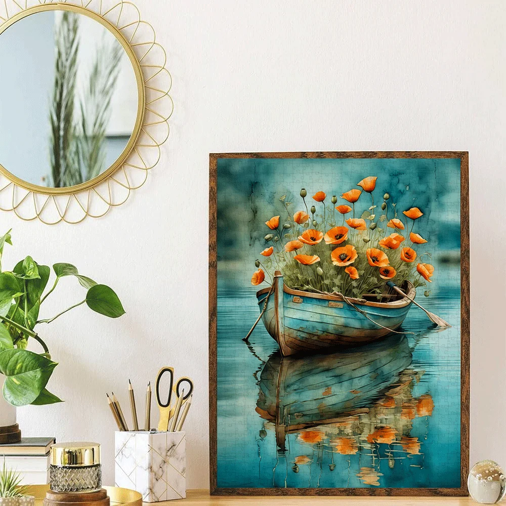 1000 stuks puzzel voor volwassenen - Serene landschap met boot en levendige oranje klaproos, grote papieren puzzel voor familiespel Nigh