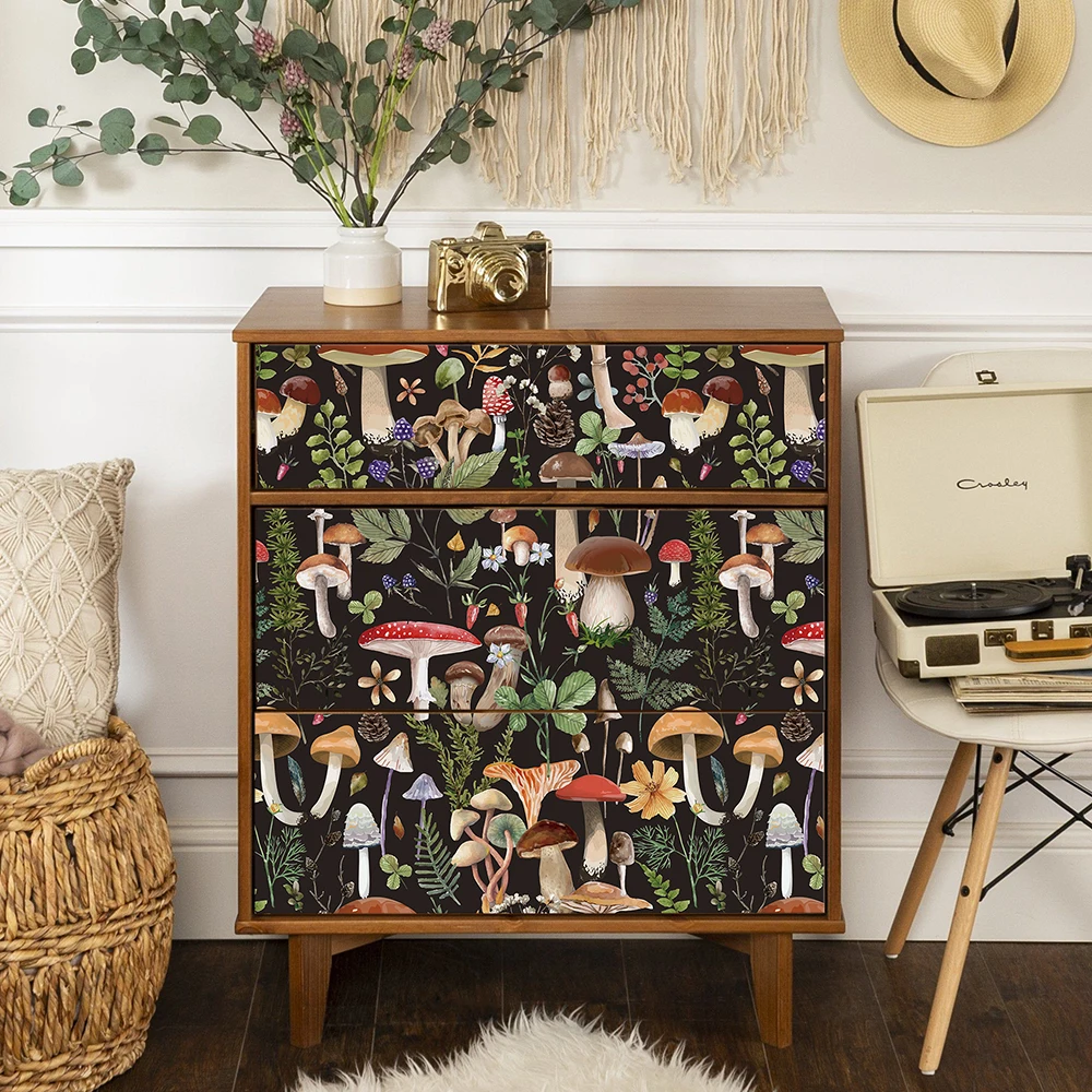 Dark Floral And Mushroom PVC Wallpaper Retro Fruit Vinyl Peel And Stick Wallpaper Chic Self Adhesive Waterproof Cabinet Stickers