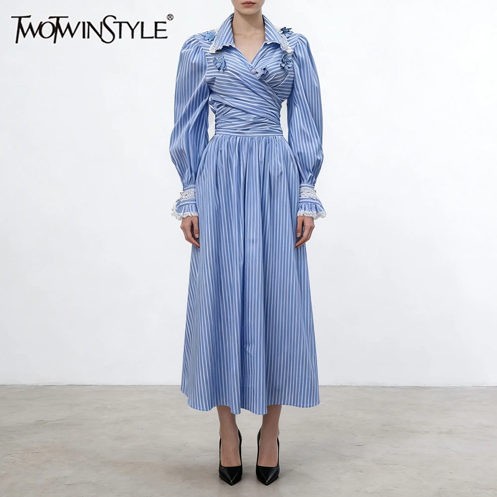 

TWOTWINSTYLE Hit Color Spliced Striped Two Piece Sets for Women Lapel Long Sleeve Patchwork Lace Top High Waist Skirt Set Female