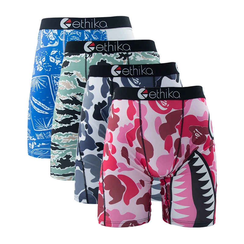 4 Uds ETHIKA, ropa interior sexi para hombre, Boxer corto estampado, calzoncillos para hombre, bragas transpirables de verano para hombre, lencería, calzoncillos Boxer de talla grande