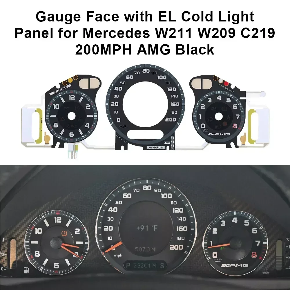 Gauge Face with EL Cold Light Panel for Mercedes W211 W209 C219 200MPH 320km/h AMG Mark Instrument Overlay