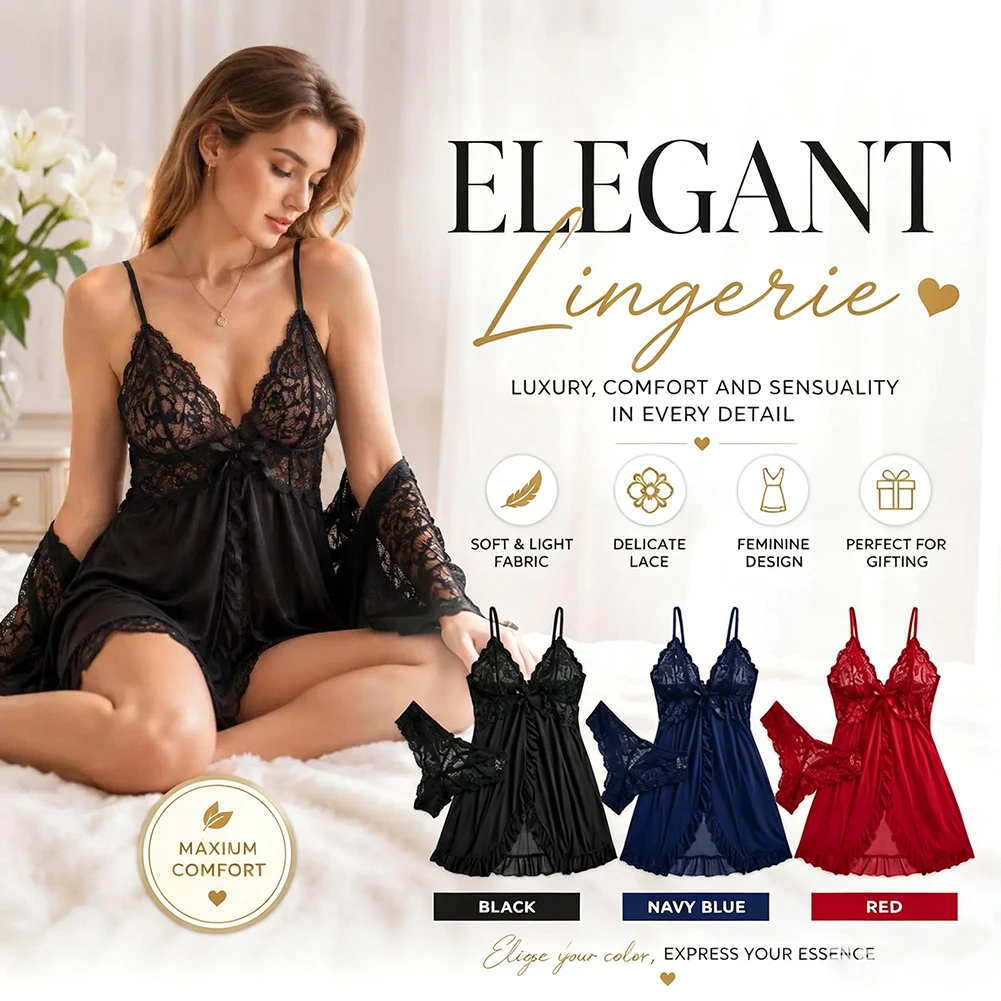 Women's Lace Lingerie Chemise Sexy Satins Nightgown Adjustable Strap Premium Floral Lace Charming-Silhouette Honeymoon Night