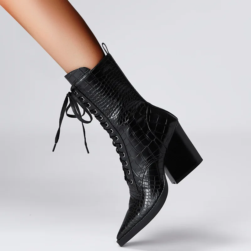 New Retro Western Boots Side Zipper Knight Boots Women Pointed Toe Ankle Boots Women Thick High Heels Fashion Botines Mujer