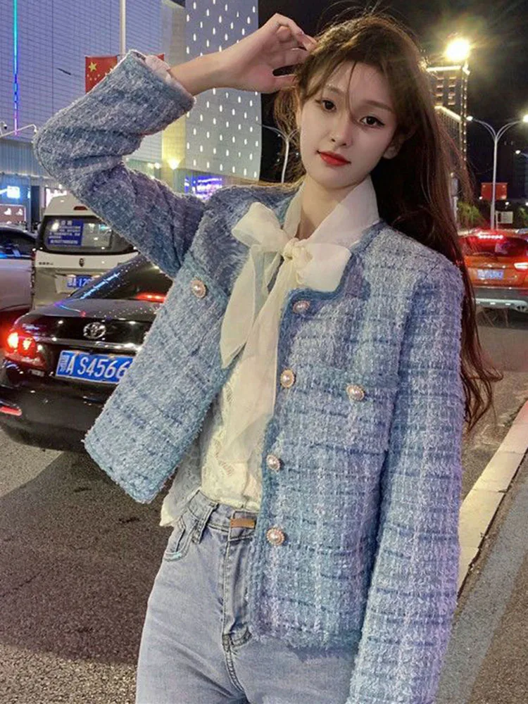 Korean O-neck Tweed Cropped Jackets Tops Women Casual Loose Single Breasted Abrigos Fall Winter Chic Long Sleeve Coats Blusas