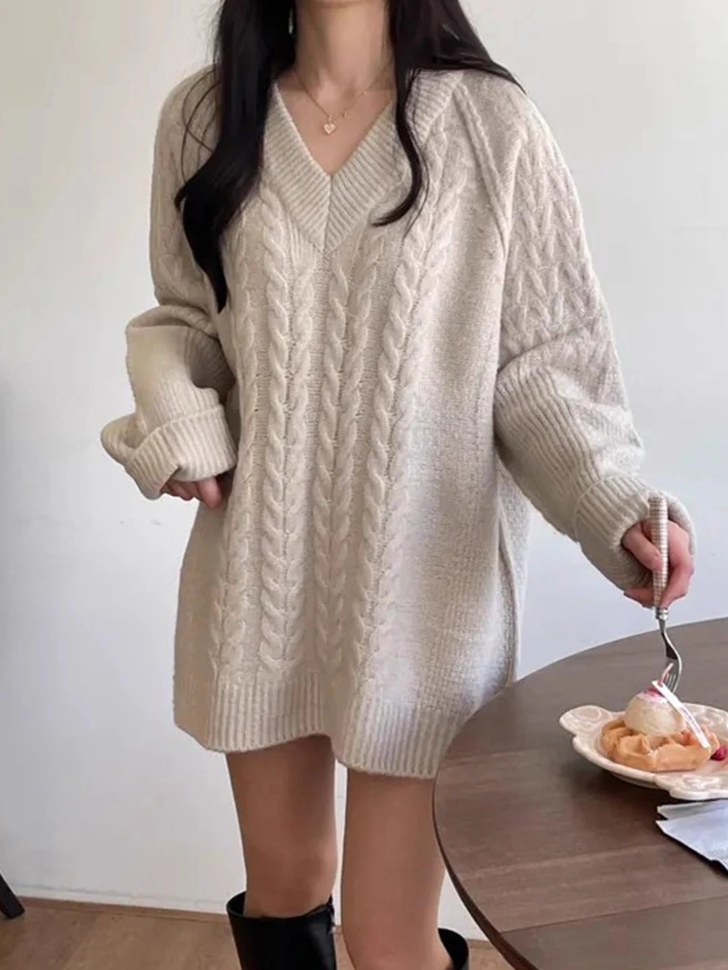 أنيقة V-Ne فضفاضة طويلة Sve محبوك الدكتور المرأة الخريف الشتاء Faion عادية Sle منتصف طول سترة Dr