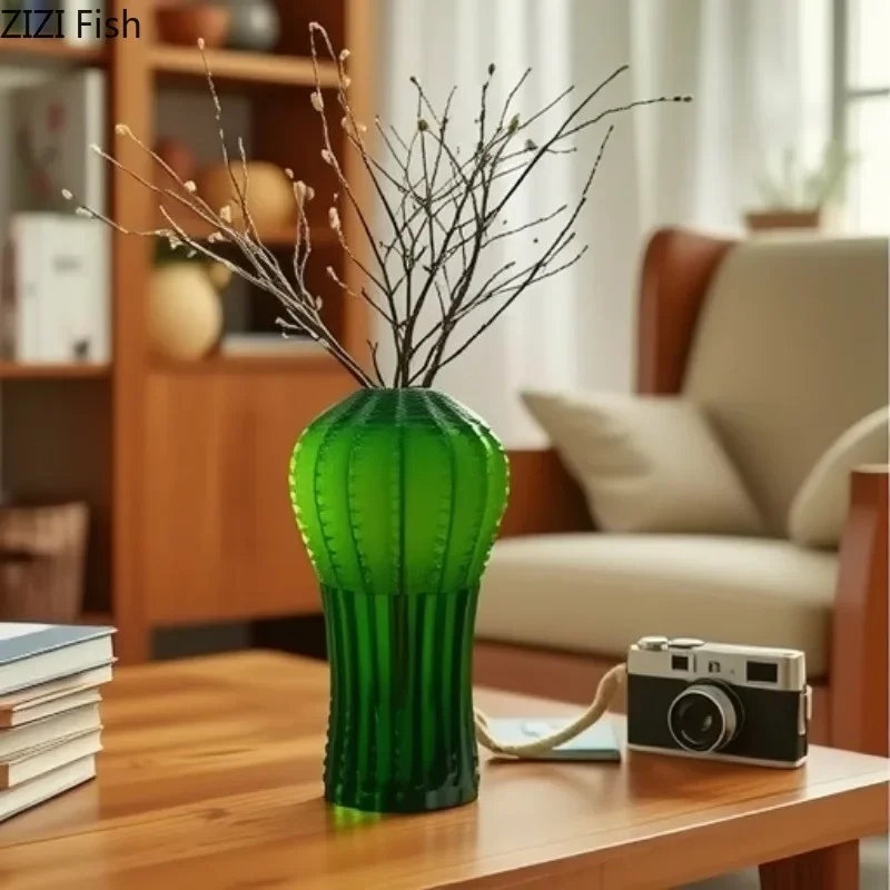 

Creative Cactus Frosted Glass Vase Table Decoration Artificial Flower Flower Arrangement Green Cactus Vases Room Aesthetic Decor