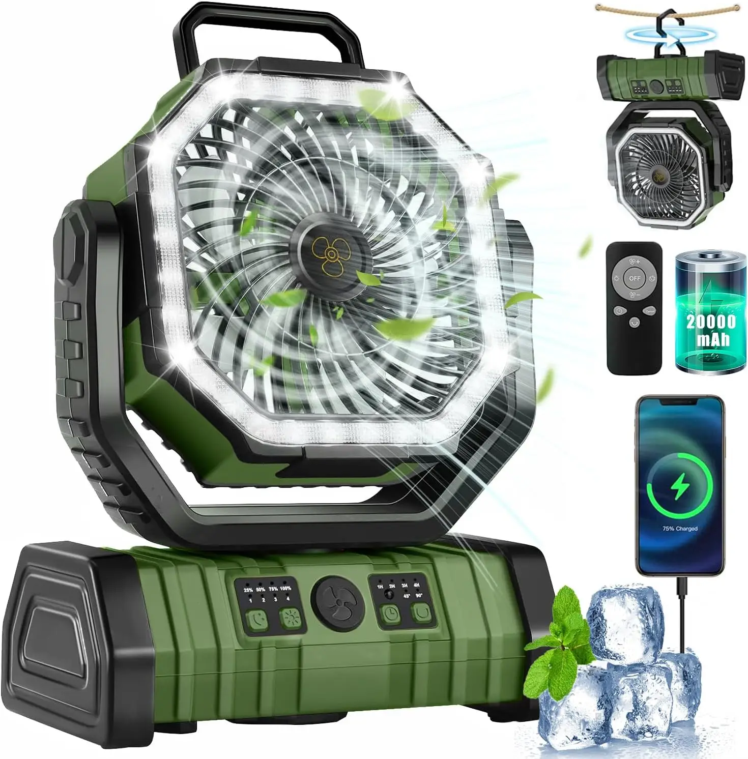 

Перезаряжаемый вентилятор для кемпинга F6, портативный осциллирующий уличный вентилятор, работающий от аккумулятора 20000 мАч, 138 часов работы, с подвесным крючком и фонариком