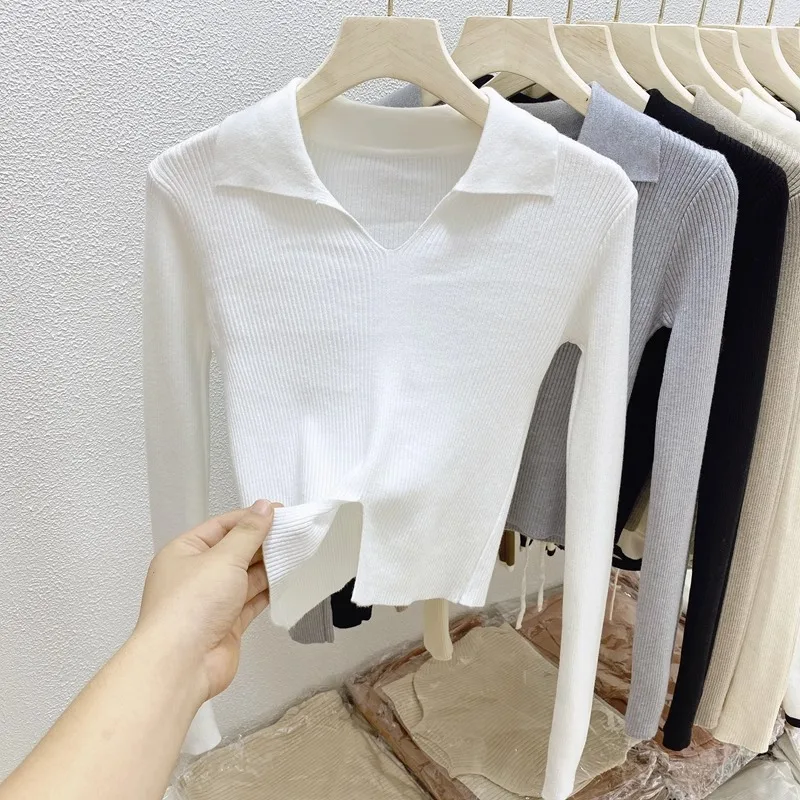 

Fashion Turn Down Collar Slit Knitted Sweater Women Pullovers Long Sleeve Knit Sweater Pullover Women Tops Sueter Feminino Q1791