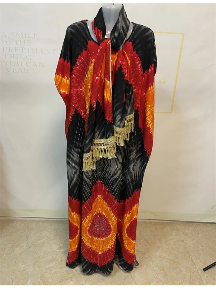 Abayas en coton musulman pour femmes, dubaï, perçage à chaud, imprimé Floral, ample, Robe africaine, Islam, Nigeria, avec châle, écharpe