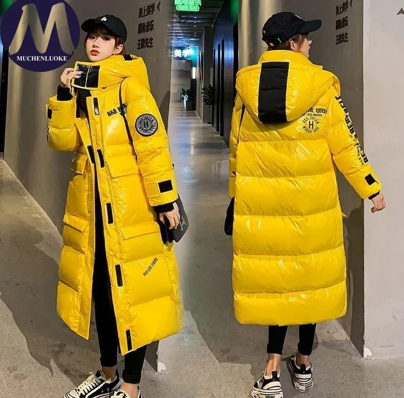 

Women's Glossy Surface Hooded Jacket, Thick, Warmth Coat, Long Parkas Casual,Loose,No-Rinse Korean Fashion Winter New