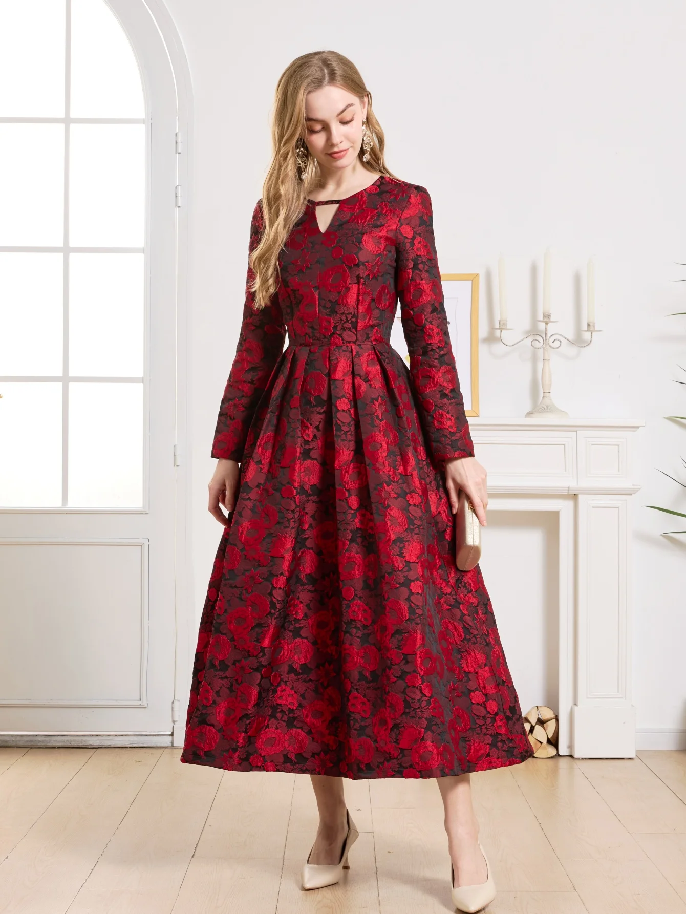 

Роскошное сверхпрочное женское жаккардовое платье с длинными рукавами и вырезом из замочной скважины, торжественное коктейльное вечернее платье и вечернее платье