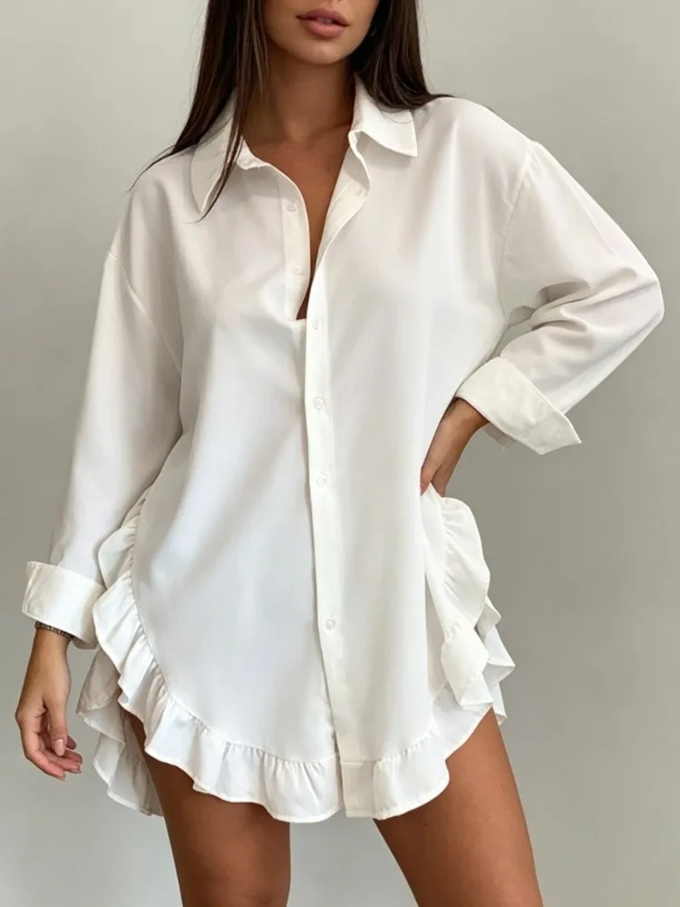 Modigirl Fall Party Prom White Mini Dresses Women 2026 Falbala Lapel Long Sleeve Casual Shirts Dress clearance sale