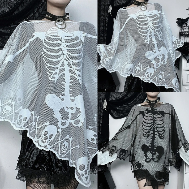 Gothic Skull Shawl for Adult Day of the Death Skeleton Cape Cosplay Costume Cloak Festive Holiday Photo Wear Punk Scarf