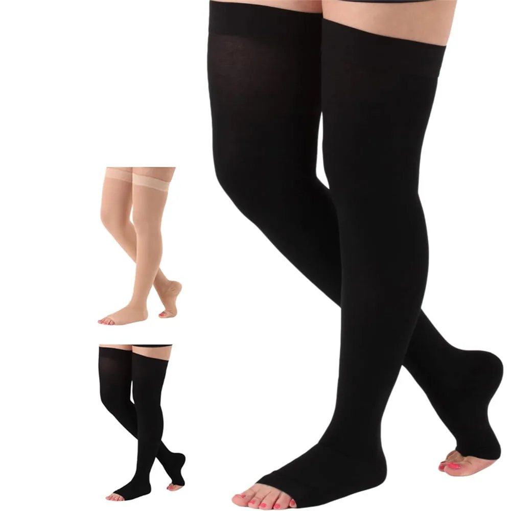 

1Pair Compression Thigh High Stockings 20-30mmHg for Swelling, Silicone Border & Open Toe Socks for Women & Men