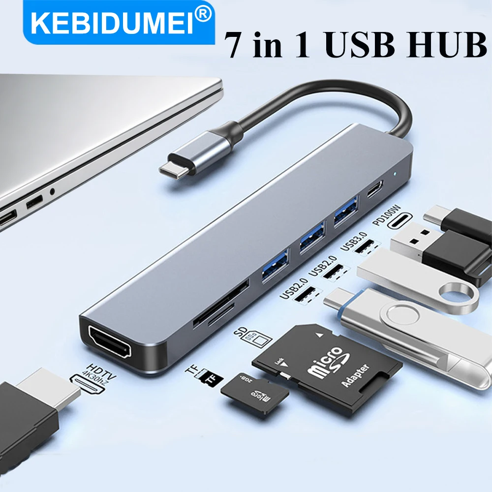 KEBIDUMEI 7-in-1 USB 3.0 HUB Typ-C zu 4K HDMI-kompatible Dockingstation USB-C PD Ladeadapter für TV, Maus, Tastatur, USB-Stick
