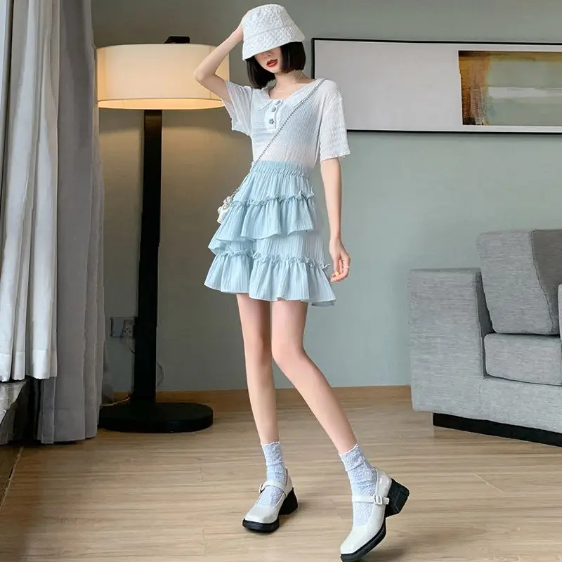 

Однотонная мини-юбка с тортом, корейская пряная девушка, многоуровневые юбки трапециевидной формы с высокой талией и рюшами, лето 2022, милая универсальная одежда Y2k