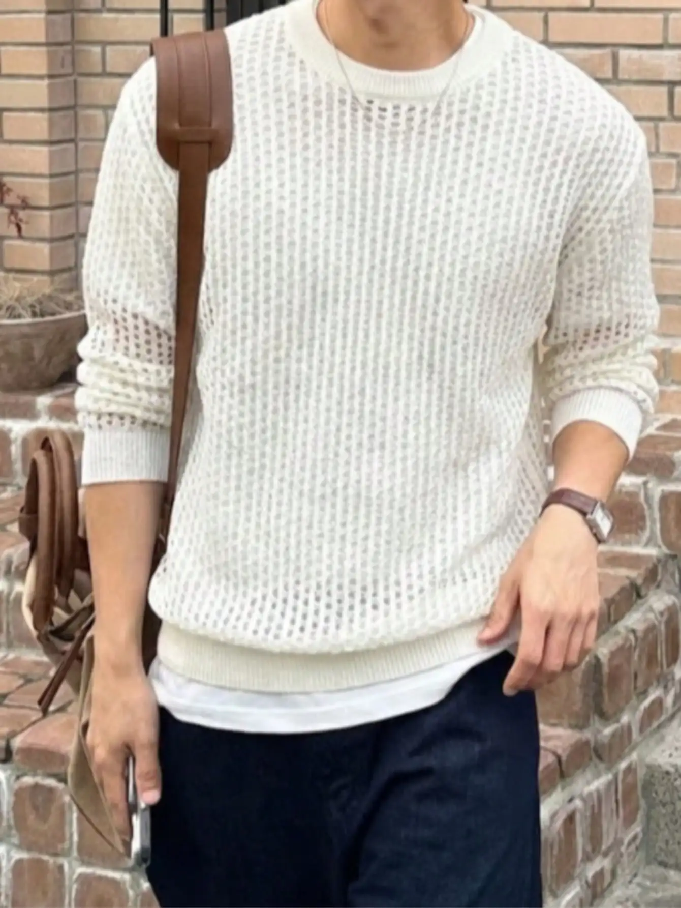 

Summer and Autumn Breathable Perforated Knit Sweater, Korean and Japanese Style, Loose Casual Unisex Men's and Women's Trendy Round Neck Knitted Pullover with Unique Design, Long Sleeve Drop Shoulder Sweater