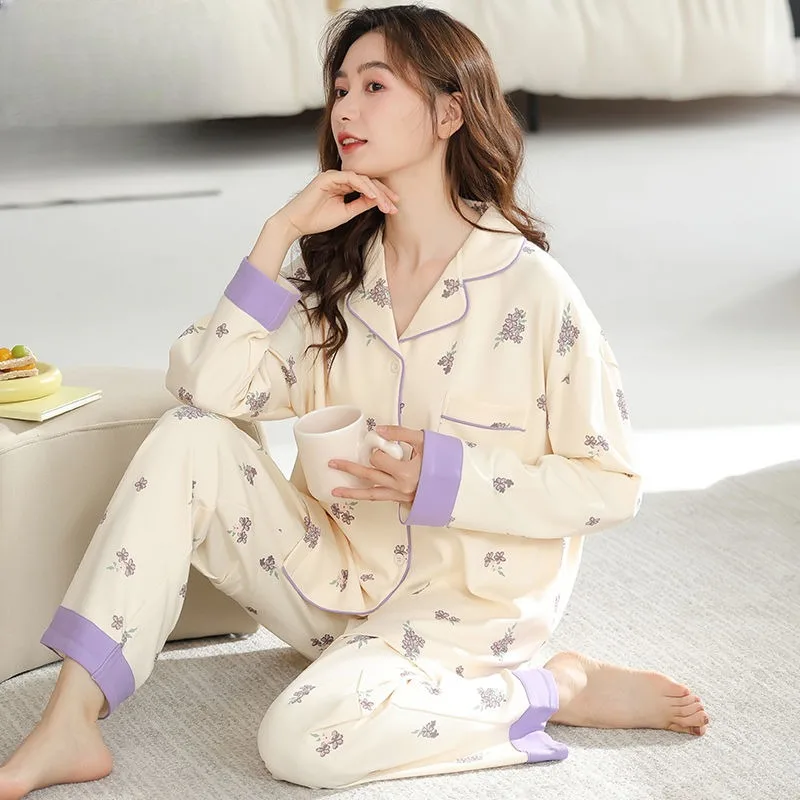 2024 New Women Large Size Sweet Cartoon Pure Cotton Pajamas Female Long Sleeve Lapel Sleepwear Sets Spring Autumn Homewear Suit