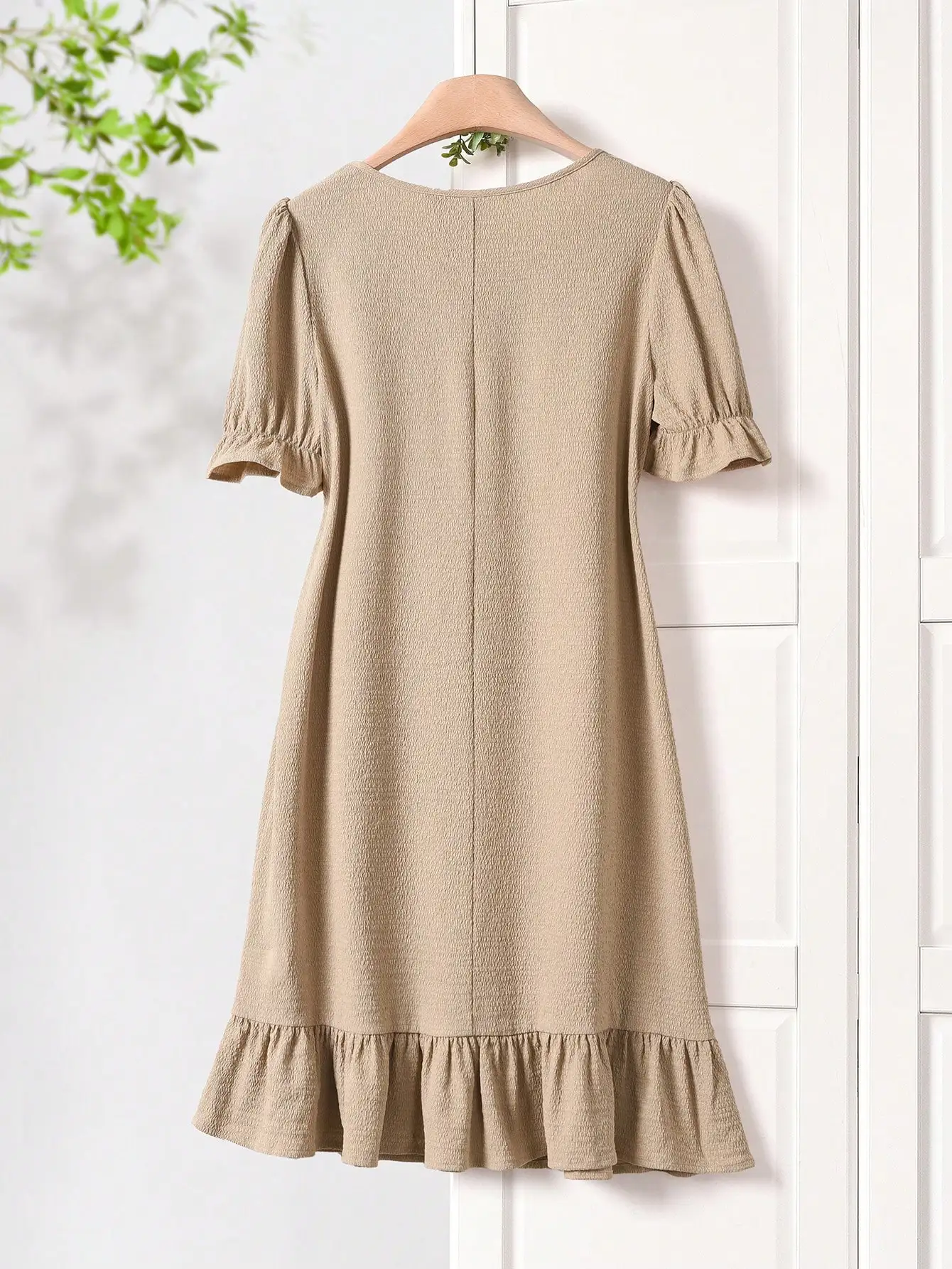 

Women Casual Solid Puff Sleeve Ruffle Hem Midi Dress