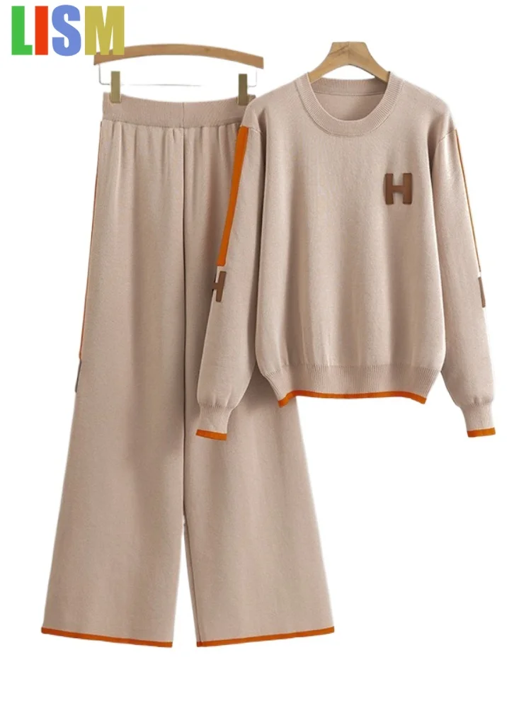 

LISM 2 piece sets woman outfit Women's tracksuit embroidered knitted sweater with letters high waist slim pants two-piece set