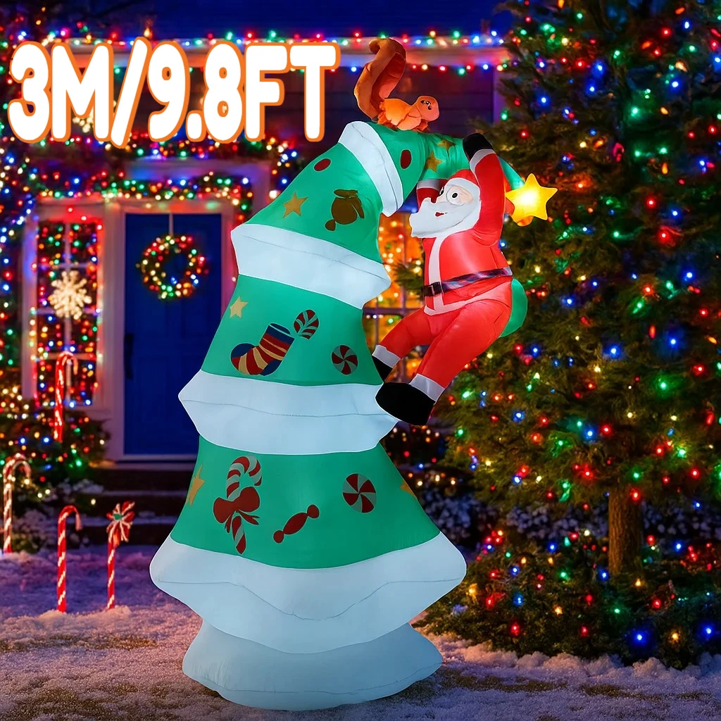 3M/9,8 pies inflable Santa Claus árbol trepador luces de ardilla LED decoraciones para el hogar juguetes patio Navidad vacaciones iluminación adornos