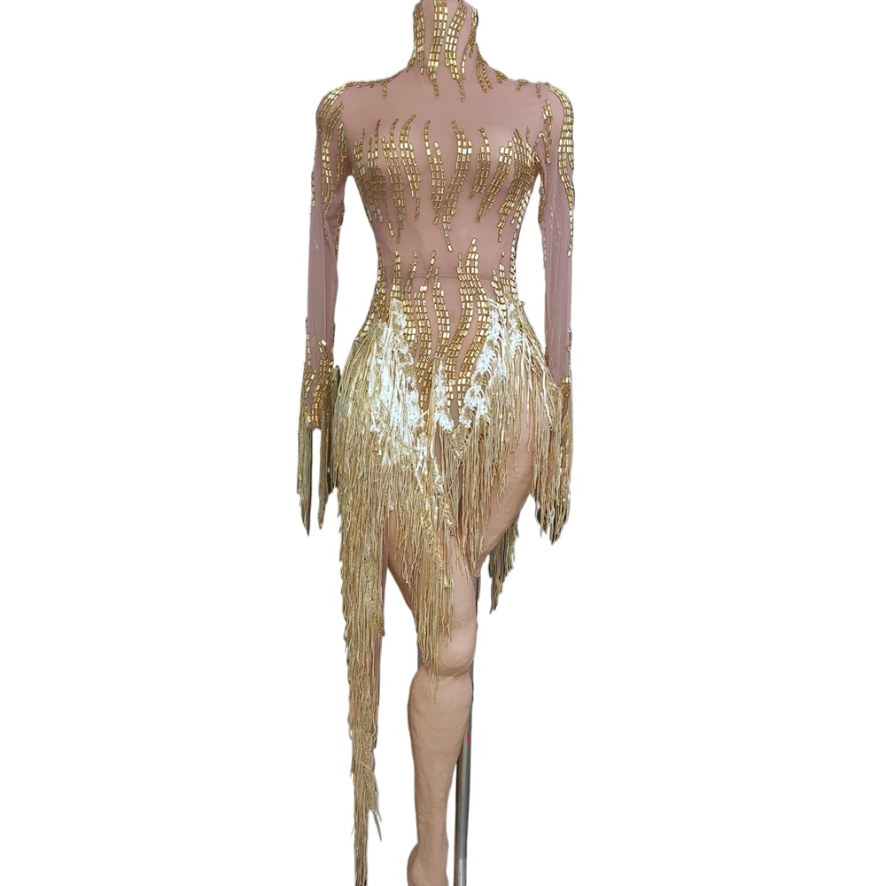 سباركلي الذهب الراين هامش عيد ميلاد احتفال مساء اللباس المرأة مثير أداء شفاف ملابس رقص المرحلة ارتداء