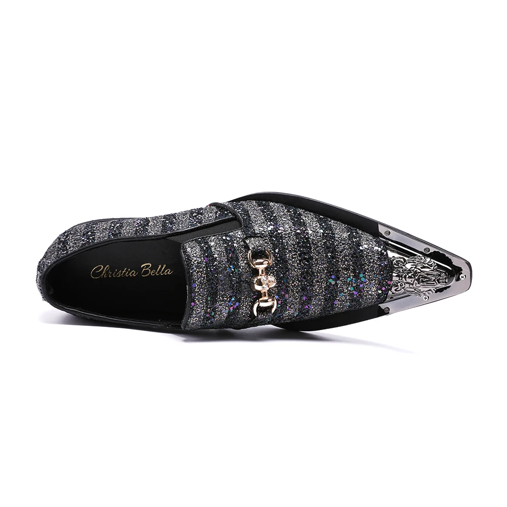 Christia Bella Shiny Sequins Stripe Men Party Oxford Shoes Metal Pointed Toe Men Wedding Dress Shoes Genuine Leather Men Shoes
