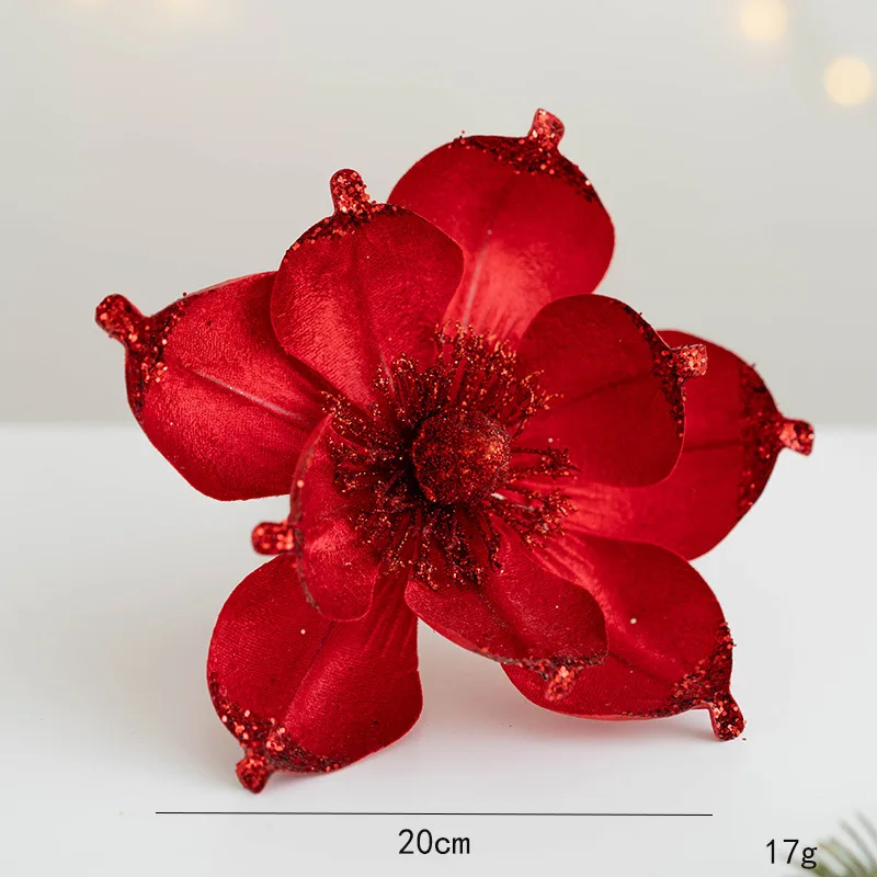 20cm Glitter Artifical Simulated Christmas Flower Magnolia Sequin Decorative Flower Xmas Tree Hanging Pendants Decor for Home