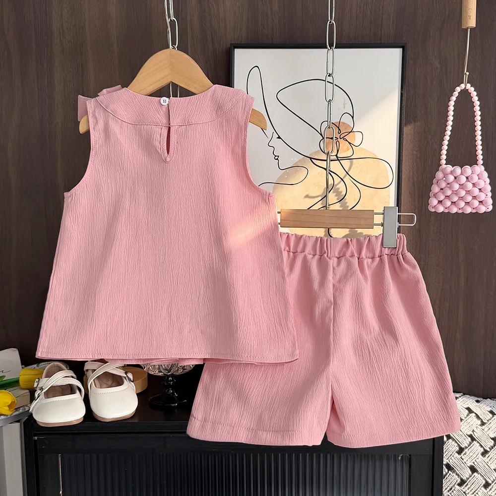 Bear Leader Sweet Pink Girls Clothes Summer Sleeveless Bow Decoration Pleated Vest+Shorts 2Pcst Olid Color Casual Children\'s Set