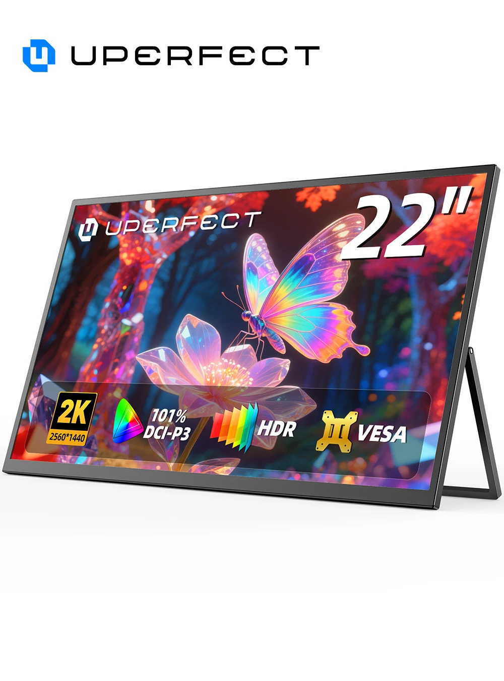 Monitor portátil UPERFECT 2K de 22" con soporte ajustable a 180° y VESA, 2560 x 1440 QHD, FreeSync, IPS, HDR, USB-C, HDMI, para juegos de