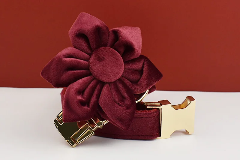 Rotes Weinrot-Samt-Hundehalsband und Leinen-Set für große Hunde, individuell graviertes Namensschild, Haustierzubehör, Hundeleine, Velvet07 – Detail 7