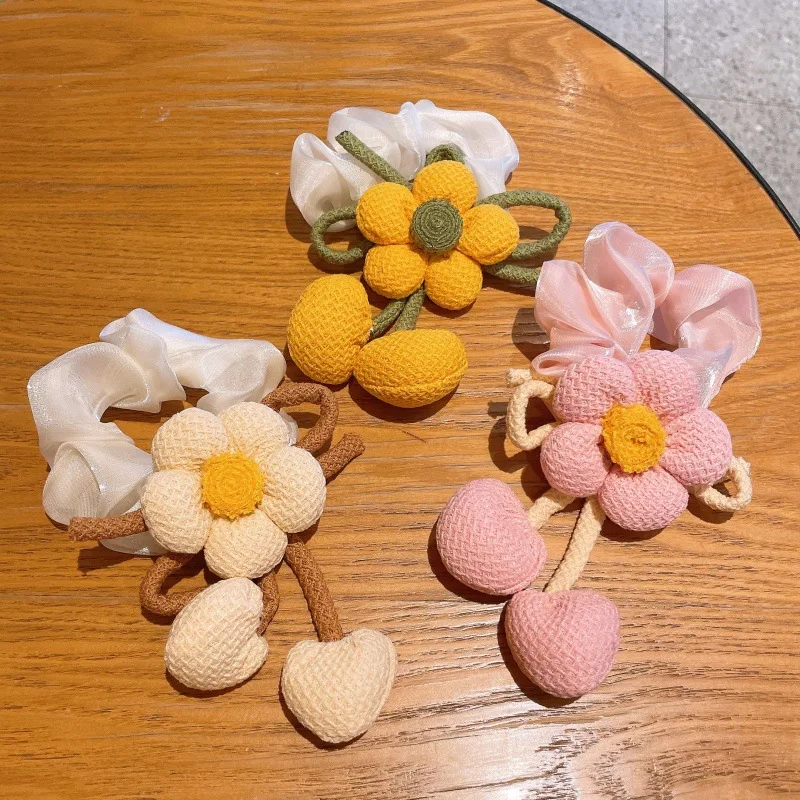 

Children Knitted Flower Hair Rope Girls Tied Ball Large Intestine Head Band Mori Ponytail Rope Girls Sweet Hair Accessories HP01