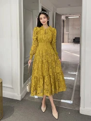 New Spring Autumn Women Long Sleeve Slim Dress High Quality Sweet Edible Tree Fungus Patchwork Elegant Jacquard Lace Dress