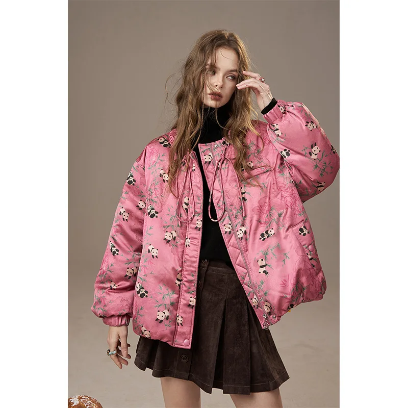 ELFSACK 2025 Winter Nieuwkomers Casual Vintage Panda Bamboe Print Chinese Stijl Donsjack Voor Vrouw