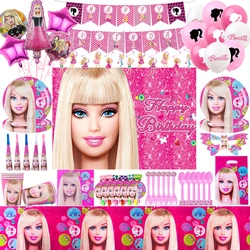 MINISO Barbie decoraciones para fiesta de cumpleaños, vajilla, vasos de papel, platos, servilletas, globos, pancarta, telón de fondo rosa, suministros para Baby Shower