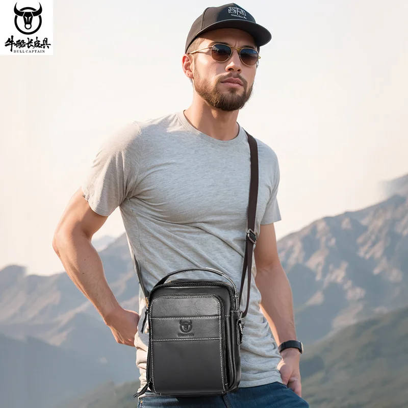 

Head layer leather men's leather square crossbody handbag multi-pocket travel soft leather shoulder bag