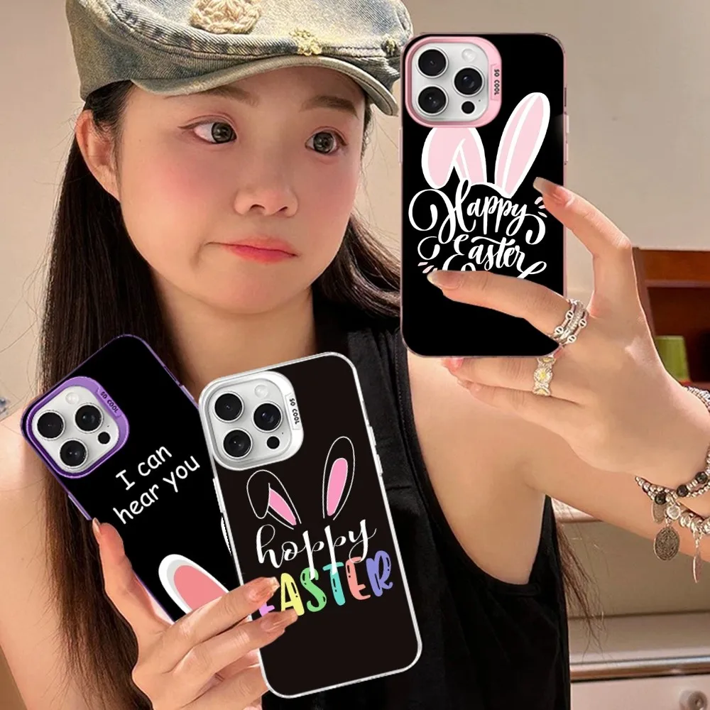 해피 부활절 카와이 토끼 귀 전화 케이스 IPhone 16 15 14 13 12 11 Pro Max X XR XSMAX 8 7 Plus 무광택 충격 방지 뒷면 커버