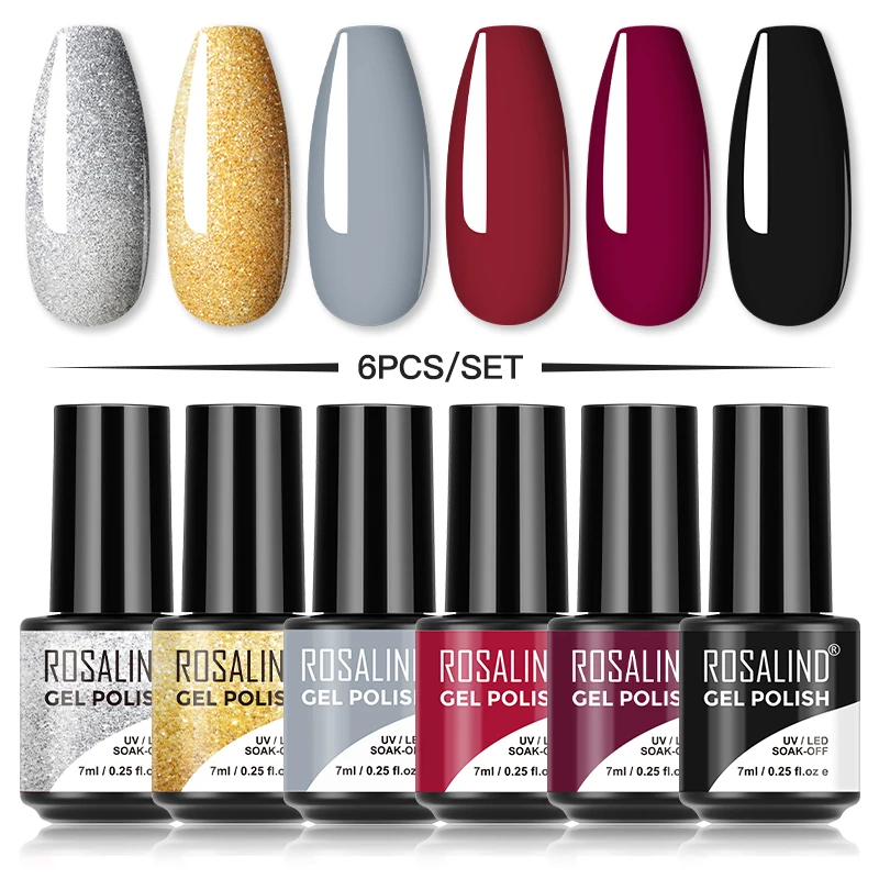 

ROSALIND Classic Gel Nail Polish Set Hybrid Varnish Glitter Semi Permanent Soak Off Need UV Lamp Cure Nail Polish Base Top Coat