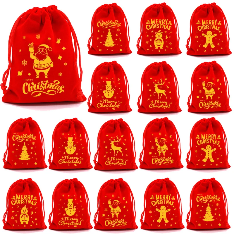 1/10pcs Xmas Patterns Velvet Bags Christmas Candy Gift Bag Drawstring Pouches Boutique Jewelry Packaging Bags Party Decorations