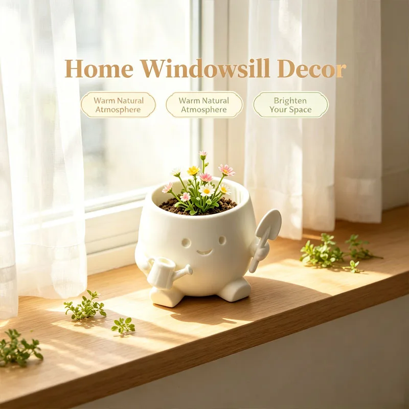cartoon Gardener Plant Smiling Face mini Flower Pot Creative desktop Ornament Home Office Decoration Plant Pot Friend Gift