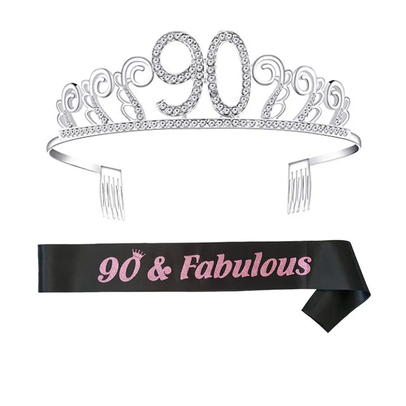 60th Adult Princess Crown Sash Dazzling Semicircle Comb Tiara Satin Sash for Birthday Party Adult Ceremony